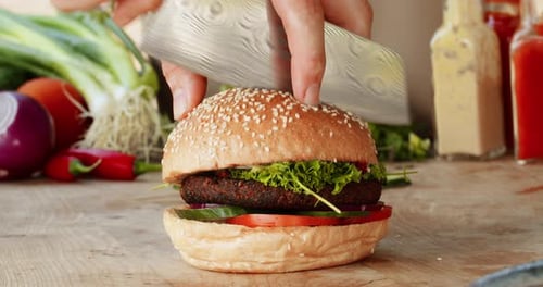 Veggie Burger Cut in Half Close Up