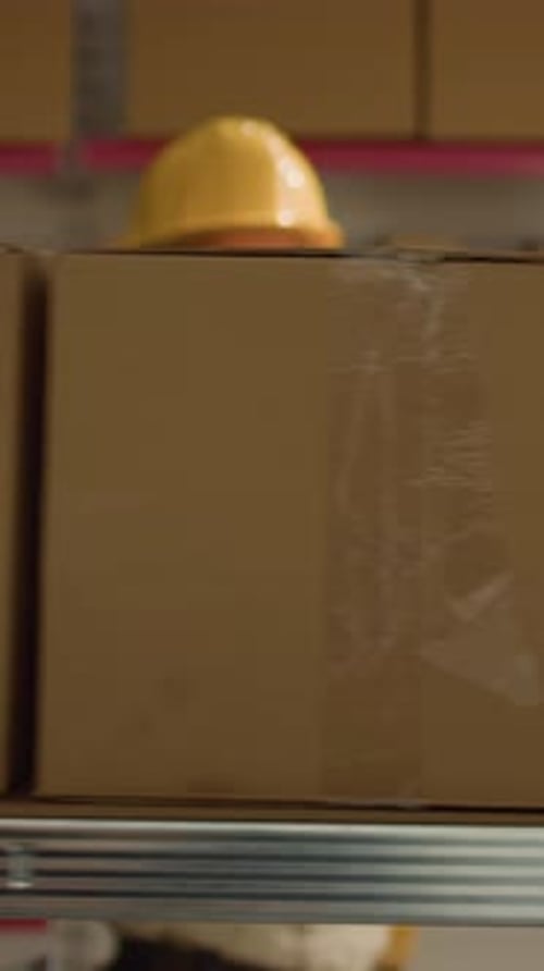 Vertical Video Focused Warehouse Workers Scan Boxes