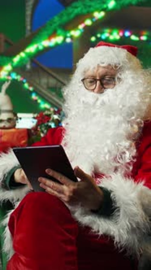 Vertical Video Elderly Man Dressed As Santa Claus Looks at Letter Received From Kids on Tablet
