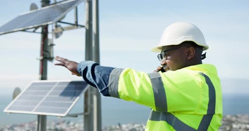 Solar panel, contractor or black man on a phone call for communication, advice or building project