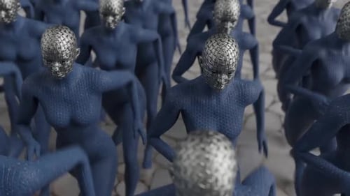 Blaue humanoide Figuren mit metallischen Köpfen in dynamischen Posen