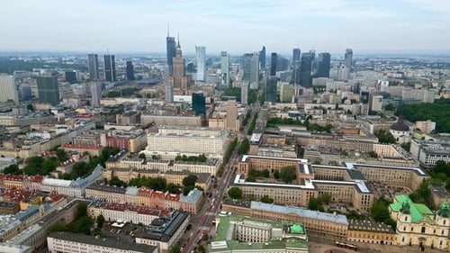 Aerial drone view of Warsaw, Poland on the River Vistula in daylight
