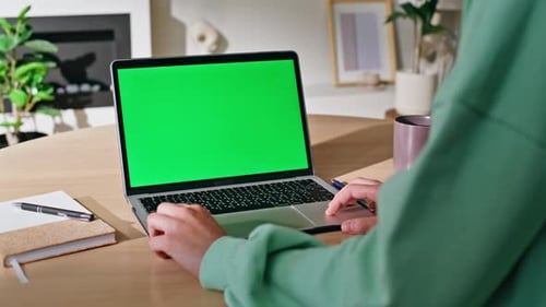 Freelancer Working Green Screen Laptop at Home Workplace Closeup Unknown Woman