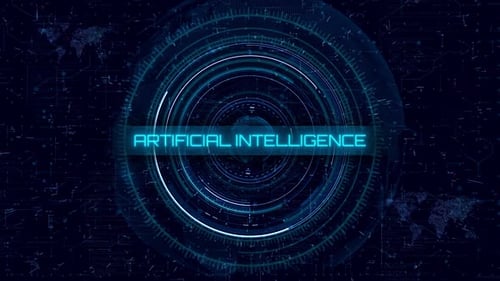 Concept of Artificial Intelligence: Blue Circuit HUD with Global Map, Futuristic Elements