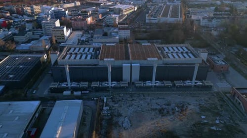 Ai datacenter building housing server infrastructure. Magic aerial view drone