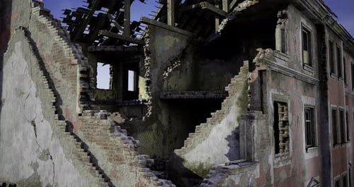 War-Torn Building with Broken Walls and Collapsed Roof Animation