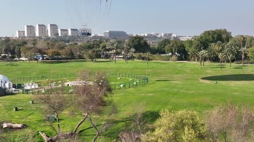 Aerial shot of a hot air balloon over Yarkon Park Tel Aviv, Israel