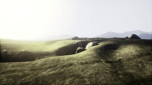 Gentle Pastures with Soft Elevations and Distant Scenic Hills in Washed Tones