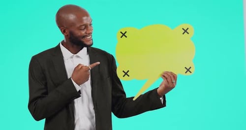 Man Pointing to Speech Bubble in Chroma Key