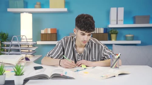 Young Man Studying with Books at Desk