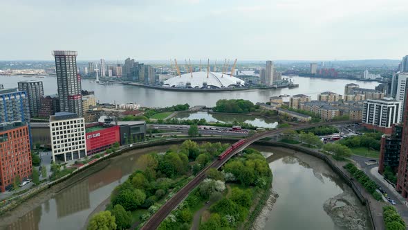 Aerial view of The O2 Arena and train, United Kingdom., Overhead Stock ...