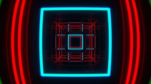 Cyan And Red Square Neon Lights Tunnel Background Vj Loop In 4K