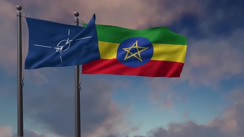 NATO and Ethiopia Flags Waving Together against Cloudy Sky