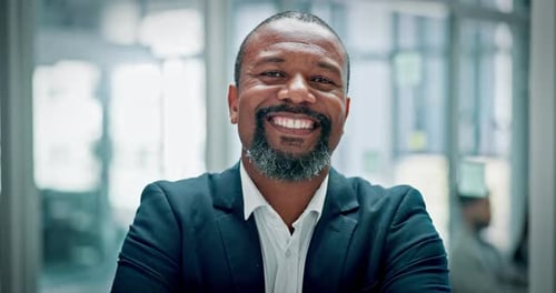 Businessman, pride and face in office with confidence, ambition and excited for finance career