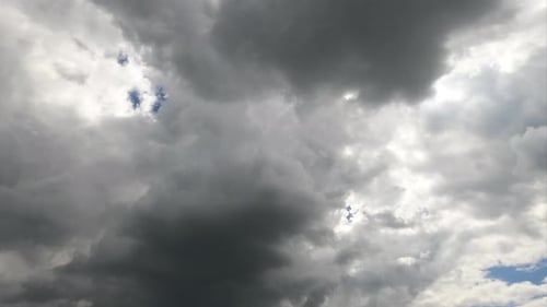 Grey cumulus clouds covering the sky. Dull cloudscape gathering for rain. Low angle view timelapse.