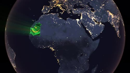 Digital Mauritania Map Reveal with Waving Flag on Spinning Earth