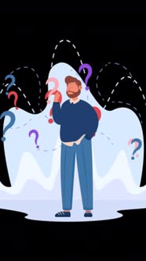 Thinking Man With Questions Around On Vertical On Alpha Channel