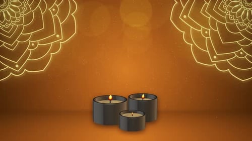 Lumières décoratives et espace vide. Fête de Diwali. 3 bougies avec effet bokeh
et mandala doré.