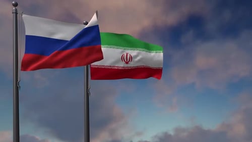 Waving National Flags of Russia and Iran Under Cloudy Sky