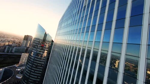 Paris Aerial. Modern La Defense FPV drone aerial view.