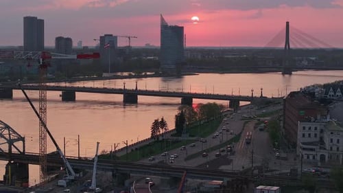 Aerial Panoramic Sunset Over Riga Old Town in Latvia