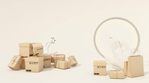 Minimalistische Szene mit Pappkartons und Handskulptur