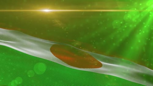 Waving Digital Flag Animation with Glowing Particles and Light Rays
