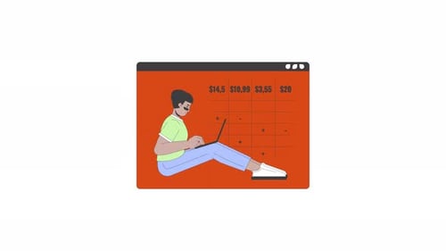 Latin male with laptop filling price table line 2D character animation