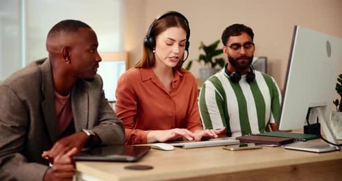 Call center, business people and mentor with computer for discussion, customer information