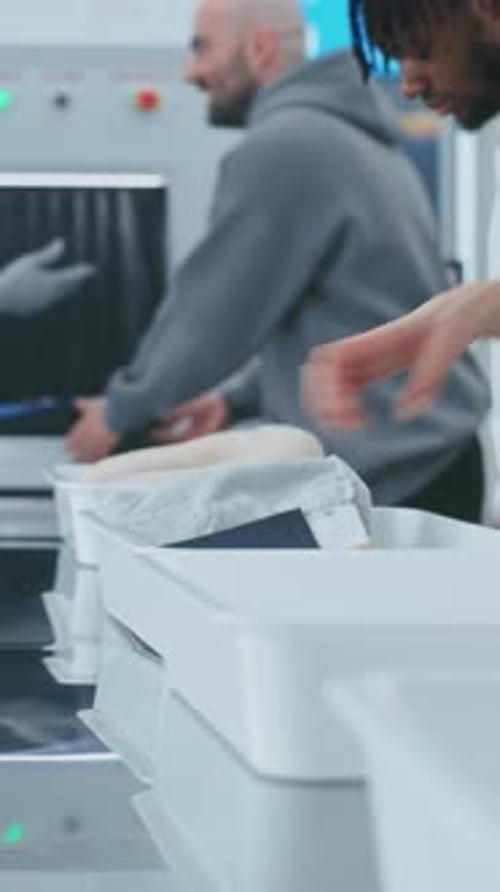People Putting Personal Items for Metal Detector Scanning Airport Staff Controlling Screening