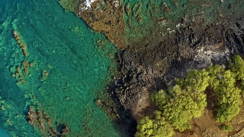 Aerial view of Hawaii’s vibrant coral reef and volcanic seafloor patterns