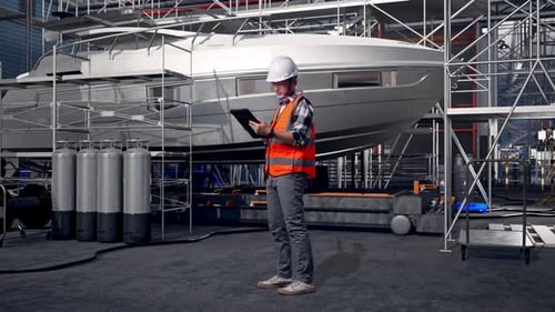 Full Body Side View Of Asian Male Engineer Working On A Tablet in Shipyard