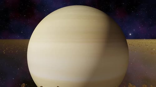 Planet Saturn with asteroid rings view from outer space the Milky Way galaxy 3d render. Solar