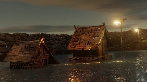 Dilapidated Wooden Huts Submerged in Water at Dusk