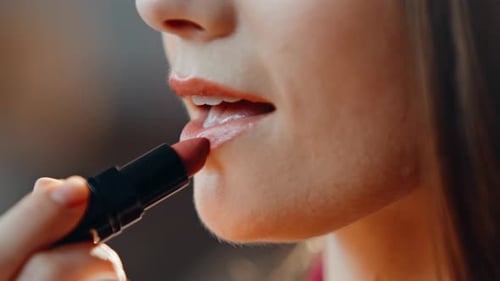 Closeup Woman Applying Lipstick Doing Makeup at Home Lady Painting Sensual Lips