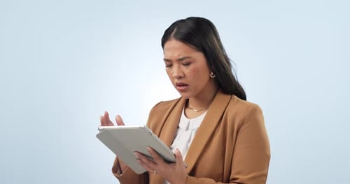 Business woman, headache and stress on tablet for stock market, financial mistake