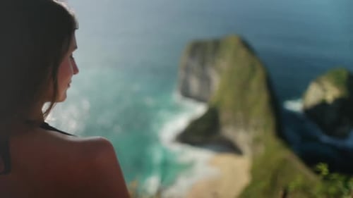 Young Woman Tourist Enjoy Aerial Sea View