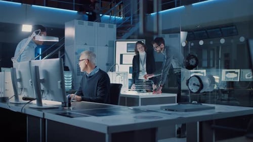 Engineers Working in a Modern Futuristic Research Lab