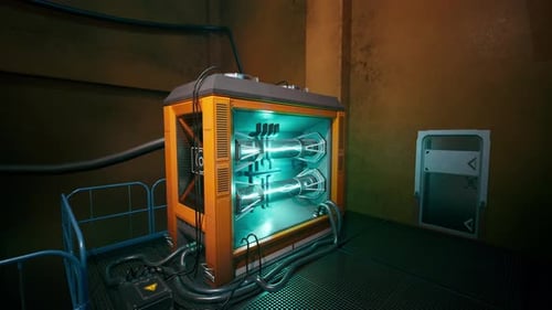 Futuristic Laboratory with Advanced Technology and Glowing Energy Core at Night