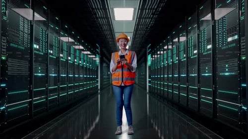 Full Body Of Asian Female Engineer Using Smartphone in Data Center