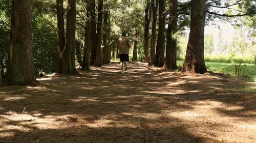 Man jogging through the forest with pine needles on the floor.