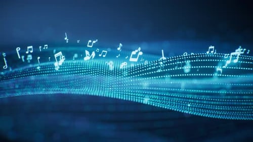 Music notes and glowing neon lines