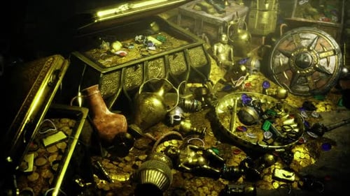 Objets de valeur anciens et objets cérémoniels rangés dans un caveau isolé