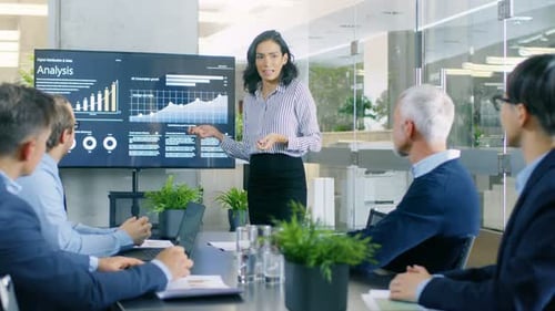 Businesswoman Presents Analysis to Boardroom Colleagues