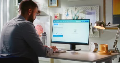 Man Using AI Image Generator in Home Office