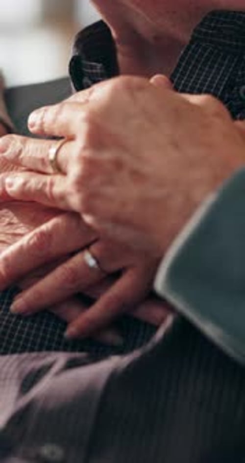 Hands, old couple and gratitude with love for comfort, care and trust in marriage with loyalty