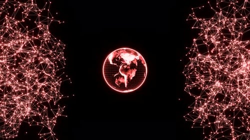 Spinnendes Hologramm eines Planeten mit goldroten Plexuslinien. Digitale leuchtende Erde