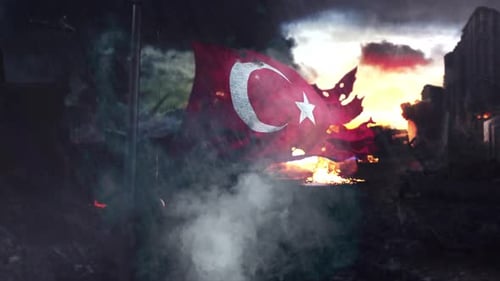 Waving Damaged Turkish Flag in War-Torn City with Explosion
