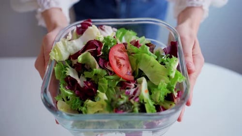 Healthy Eating Dieting and People Concept Close Up of Young Woman Hands Showing Salad Bowl at Home