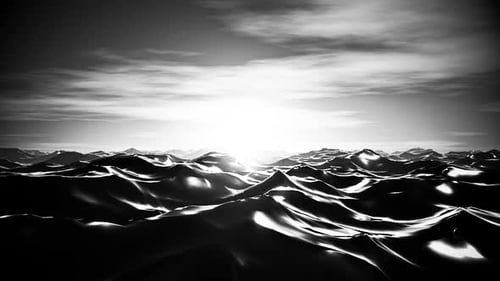 Unusual black and white sunset over ocean waves 3D animation. Low-angle water surface point of view